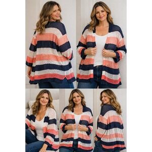 Anthropologie Striped Open Knit Cardigan Sweater Coral Navy White Mint One Size